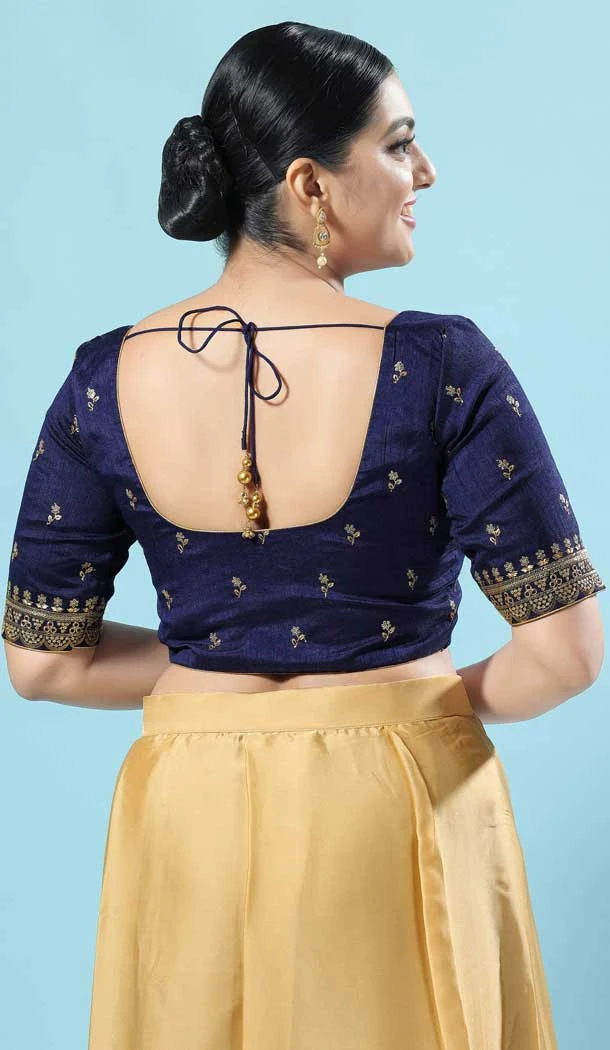 Designer Silk Embroidery Work Party Wear Readymade Blouse In Navy Blue - 8182180934