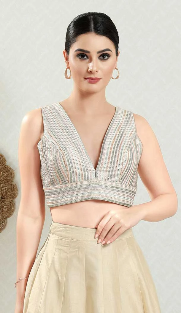 White Color Brocade Woven Work Designer Party Wear Readymade Blouse - 8183180937
