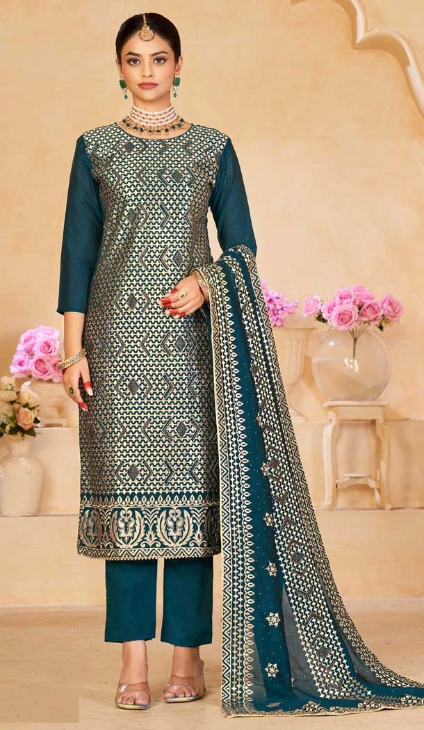 Blue Blooming Vichitra Embroidery Work Party Wear Salwar Kameez - 8184180942