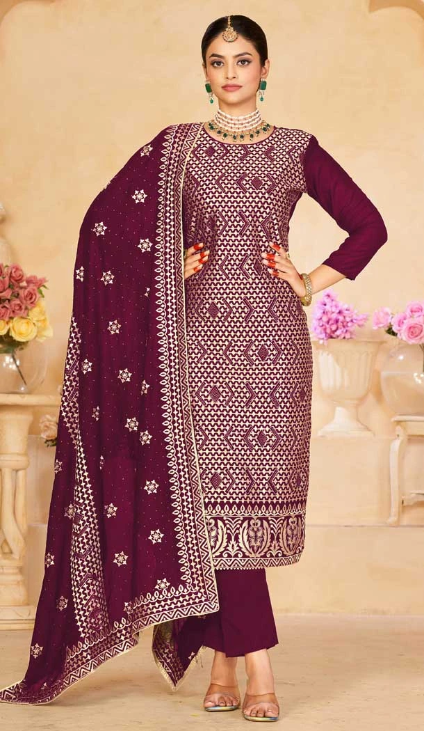 Purple Blooming Vichitra Embroidery Work Party Wear Salwar Kameez - 8184180944
