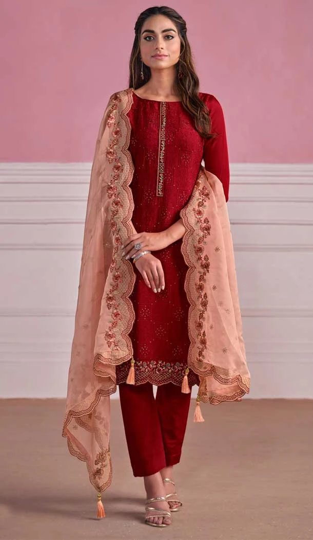 Chinnon Embroidery Work Festival Wear Heavy Salwar Suit In Maroon - 8185180945