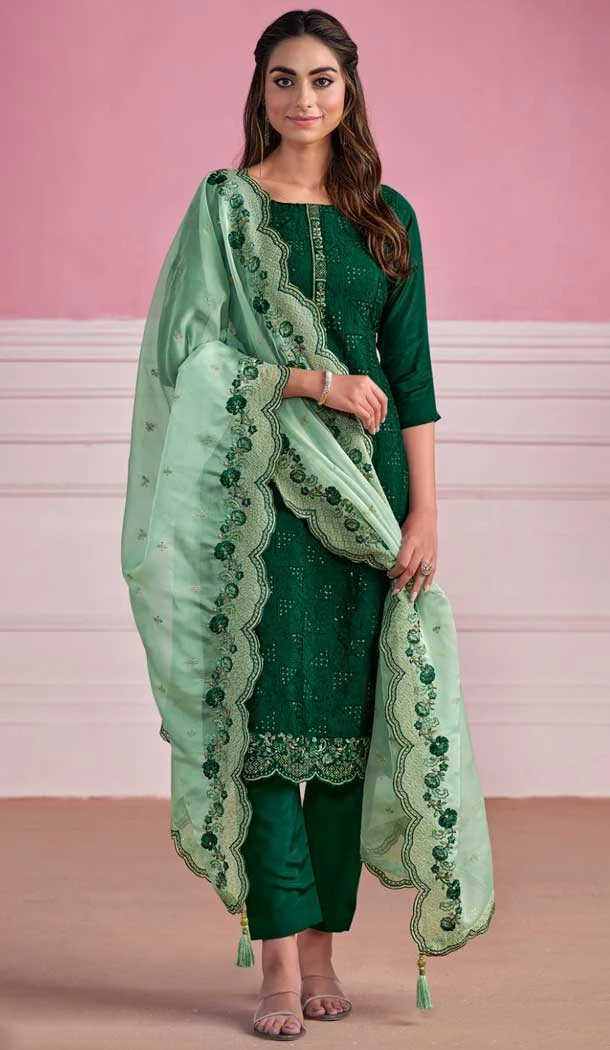 Chinnon Embroidery Work Festival Wear Heavy Salwar Suit In Green - 8185180946