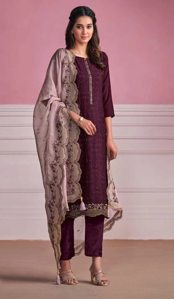 Chinnon Embroidery Work Festival Wear Heavy Salwar Suit In Purple - 8185180947