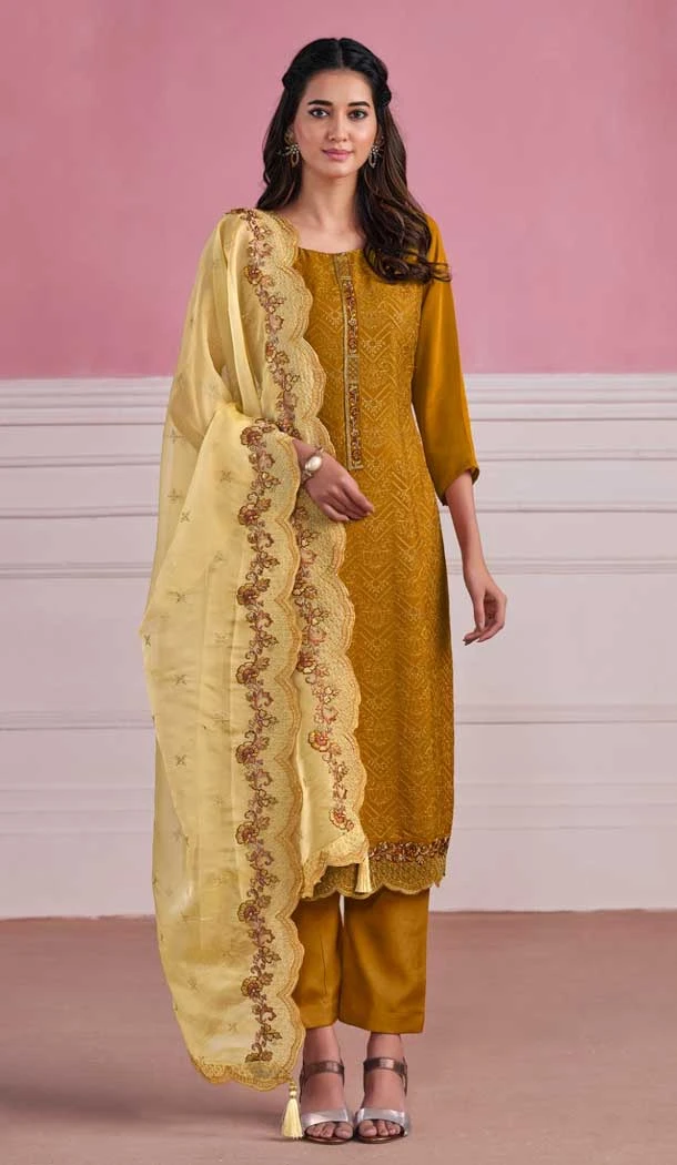 Chinnon Embroidery Work Festival Wear Heavy Salwar Suit In Mustard - 8185180948