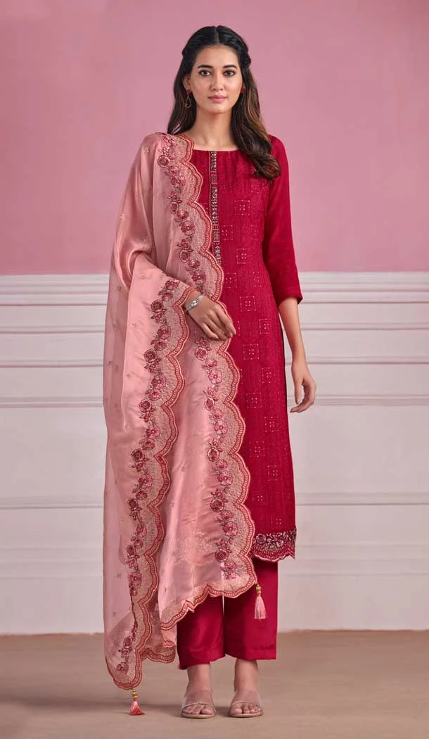 Chinnon Embroidery Work Festival Wear Heavy Salwar Suit In Pink - 8185180949