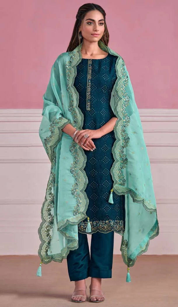 Chinnon Embroidery Work Festival Wear Heavy Salwar Suit In Teal - 8185180950