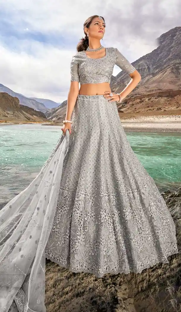 Grey Pure Organza Embroidery Work Designer Wedding Wear Heavy Lehenga Choli - 8189180978