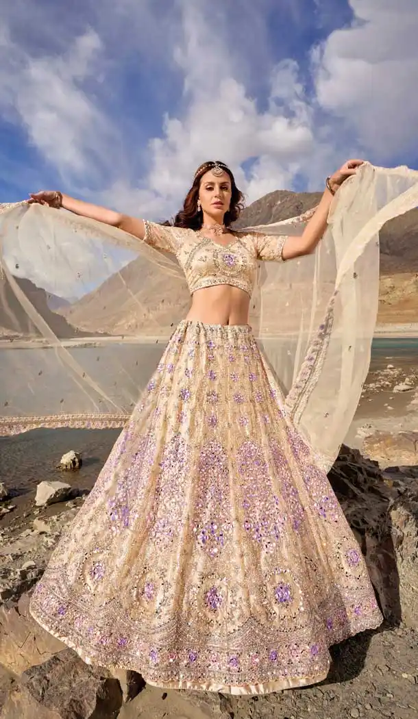 Cream Pure Net Embroidery Work Designer Wedding Wear Heavy Lehenga Choli - 8189180979