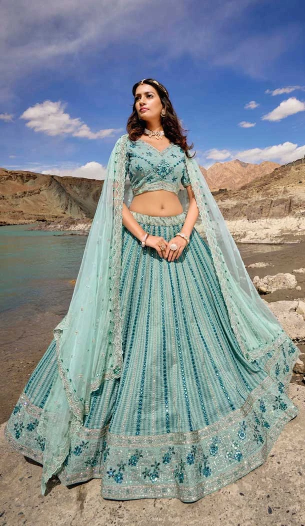 Sky Blue Pure Organza Embroidery Work Designer Wedding Wear Heavy Lehenga Choli - 8189180981