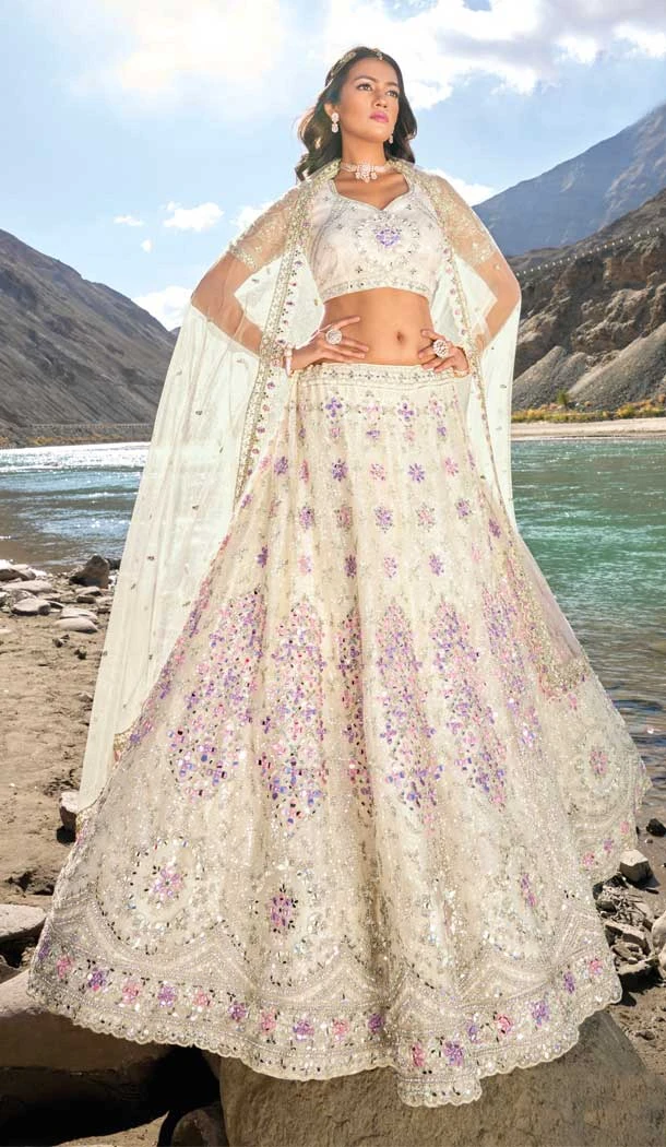 Off White Pure Net Embroidery Work Designer Wedding Wear Heavy Lehenga Choli - 8189180984
