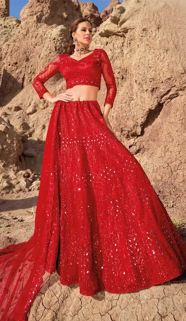 Red Pure Net Embroidery Work Designer Wedding Wear Heavy Lehenga Choli - 8189180974