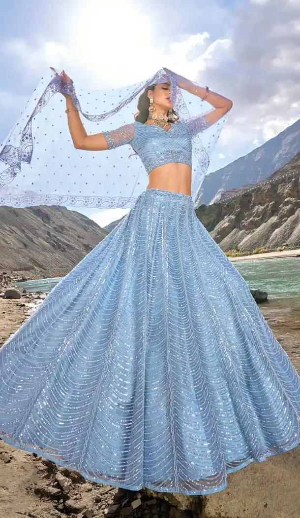 Sky Pure Net Embroidery Work Designer Wedding Wear Heavy Lehenga Choli - 8189180976