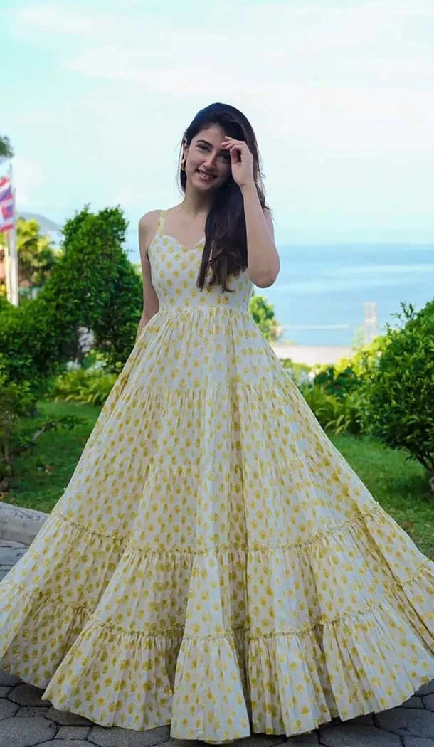 Light Yellow Heavy Rayon Digital Printed Party Wear Readymade Gown - 11167199367