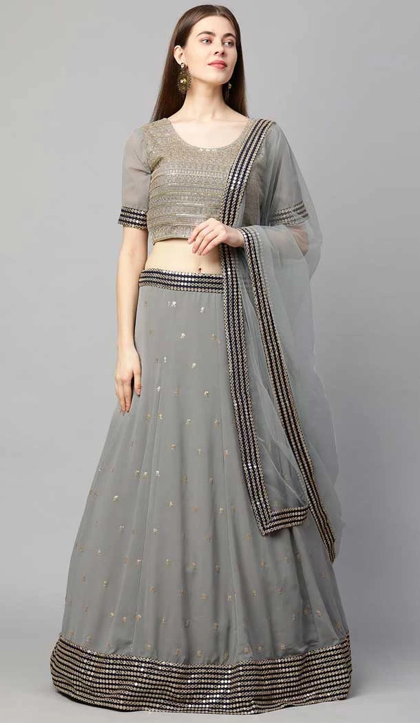 Sequins Work Georgette Grey Designer Party Wear Heavy Lehenga Choli - 8195181010