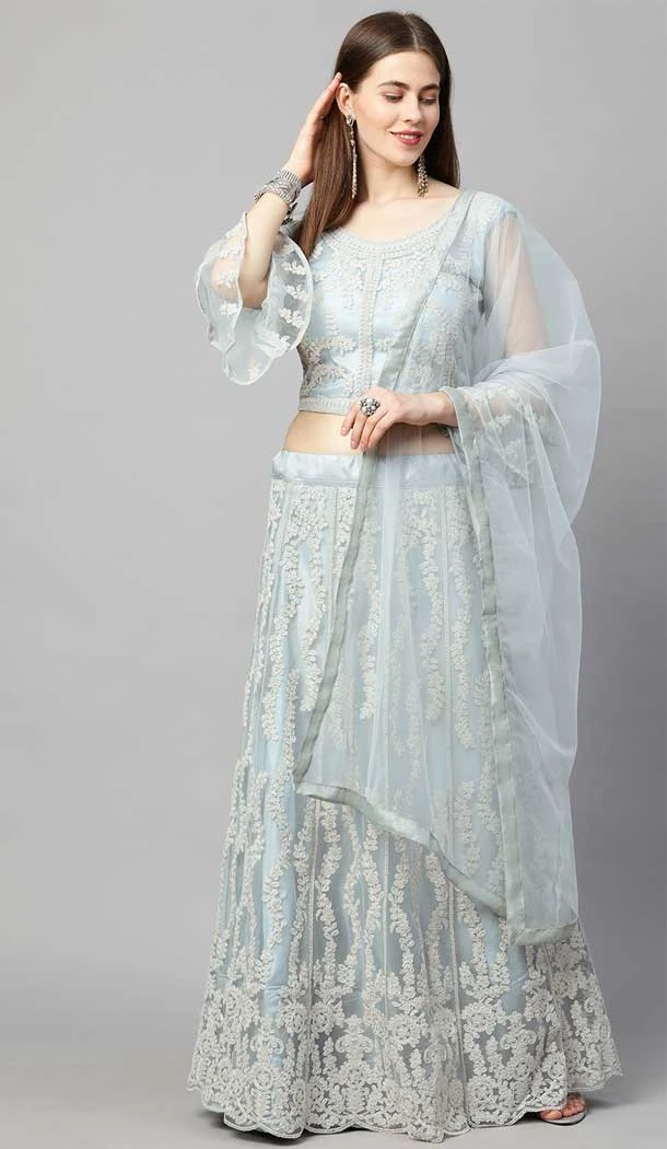 Heavy Designer Net With Thread Work Party Wear Lehenga Choli In Grey - 8196181013
