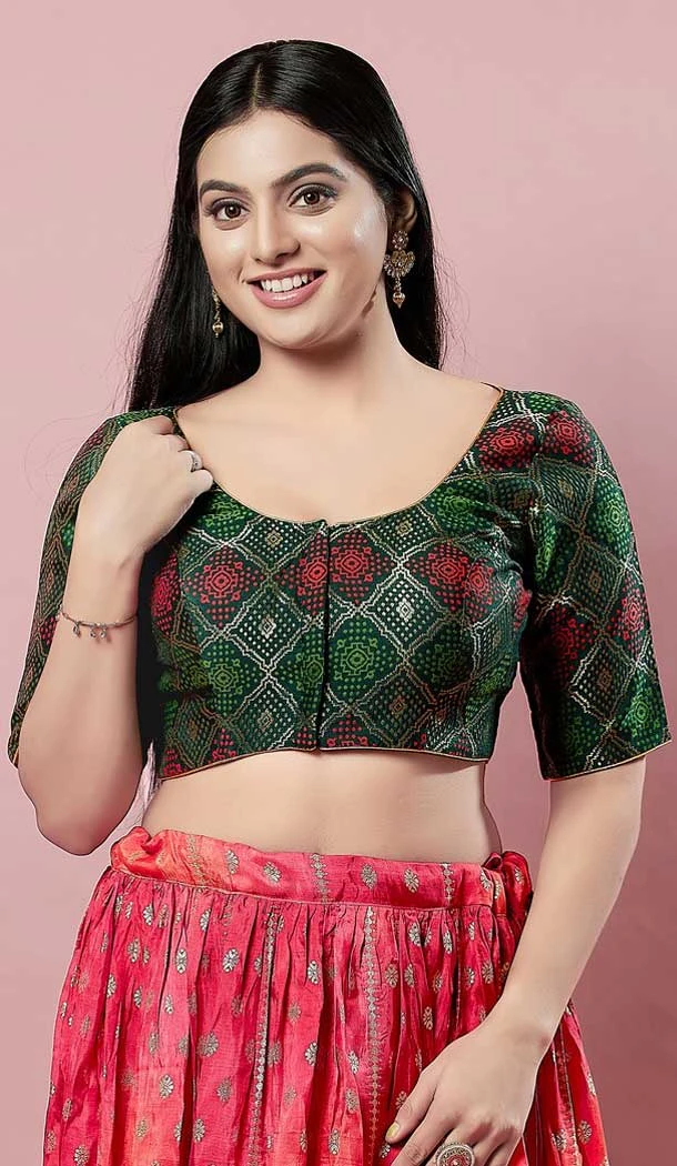 Green Brocade Printed Work Designer Traditional Wear Readymade Blouse - 8197181015