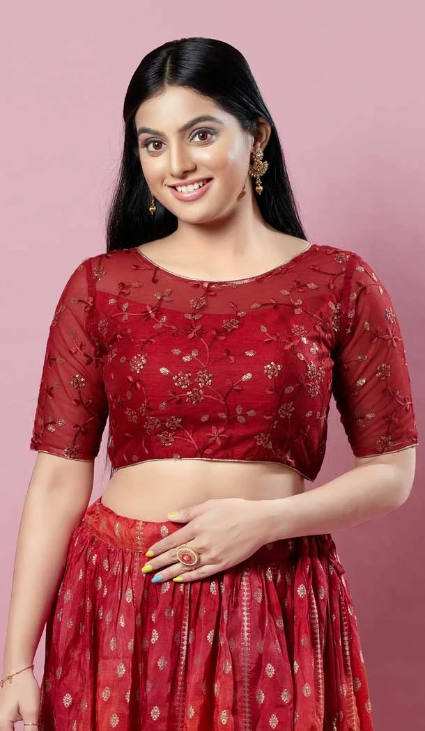 Maroon Net Embroidery Work Designer Traditional Wear Readymade Blouse - 8197181019