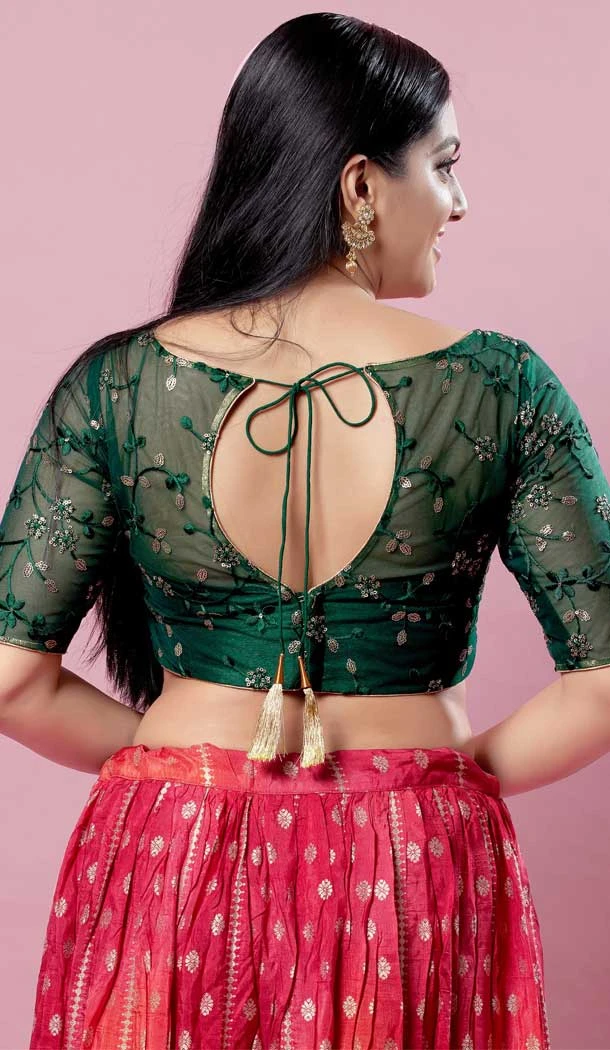 Bottle Green Net Embroidery Work Designer Traditional Wear Readymade Blouse - 8197181020