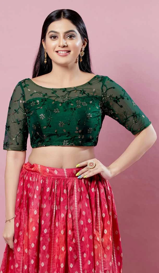 Bottle Green Net Embroidery Work Designer Traditional Wear Readymade Blouse - 8197181020