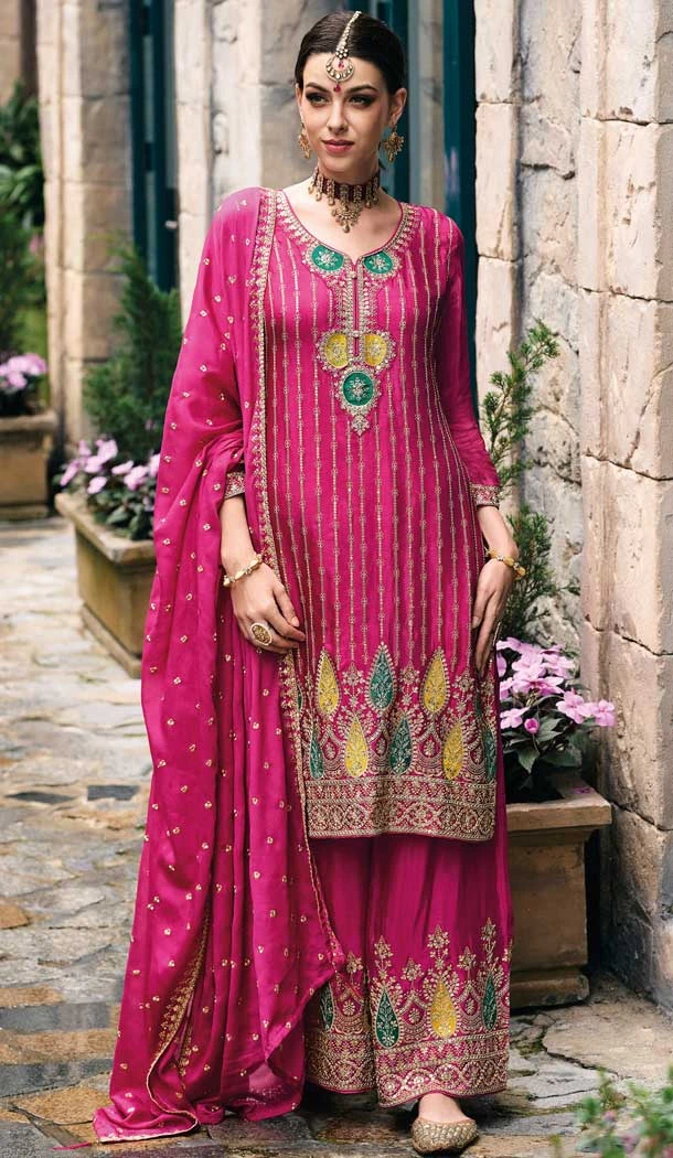 Designer Wear Chinon Silk Pink Embroidery Pakistani Palazzo Salwar Kameez - 8199181029