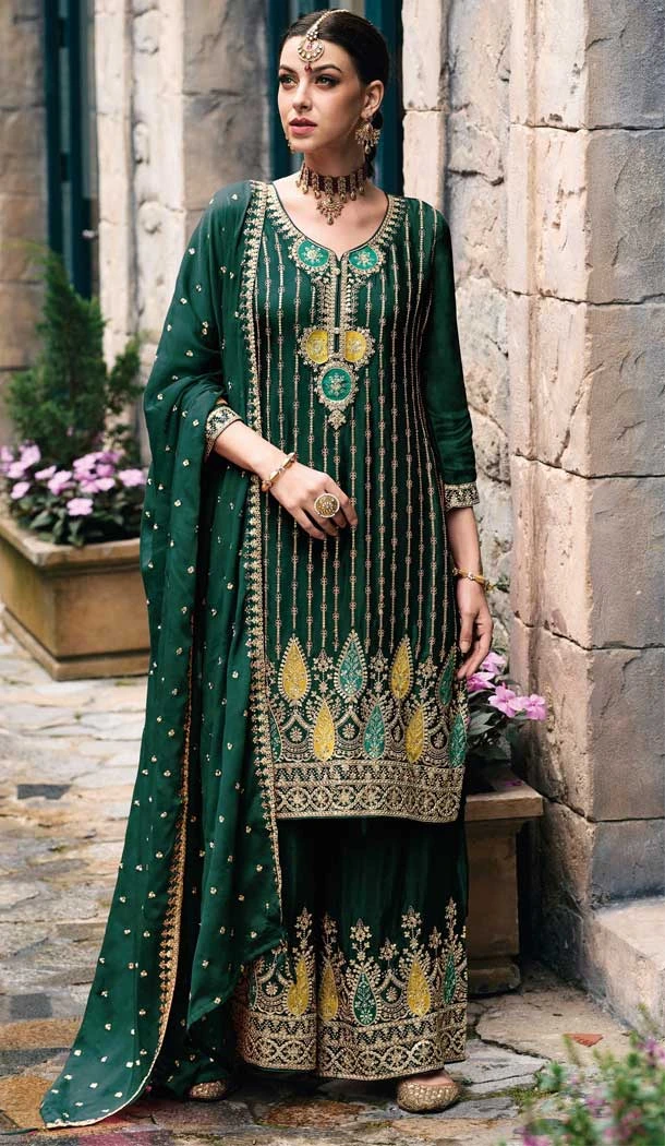 Designer Wear Chinon Silk Green Embroidery Pakistani Palazzo Salwar Kameez - 8199181030