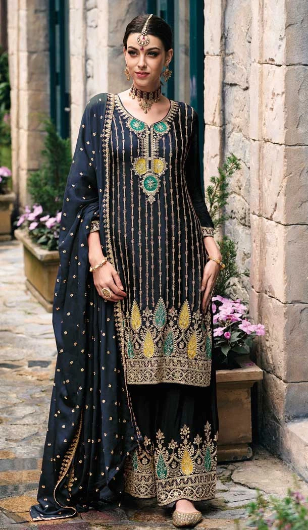 Designer Wear Chinon Silk Blue Embroidery Pakistani Palazzo Salwar Kameez - 8199181031