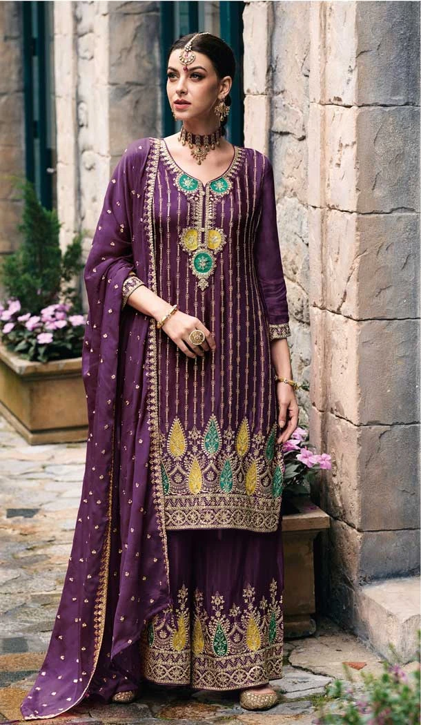 Designer Wear Chinon Silk Purple Embroidery Pakistani Palazzo Salwar Kameez - 8199181032