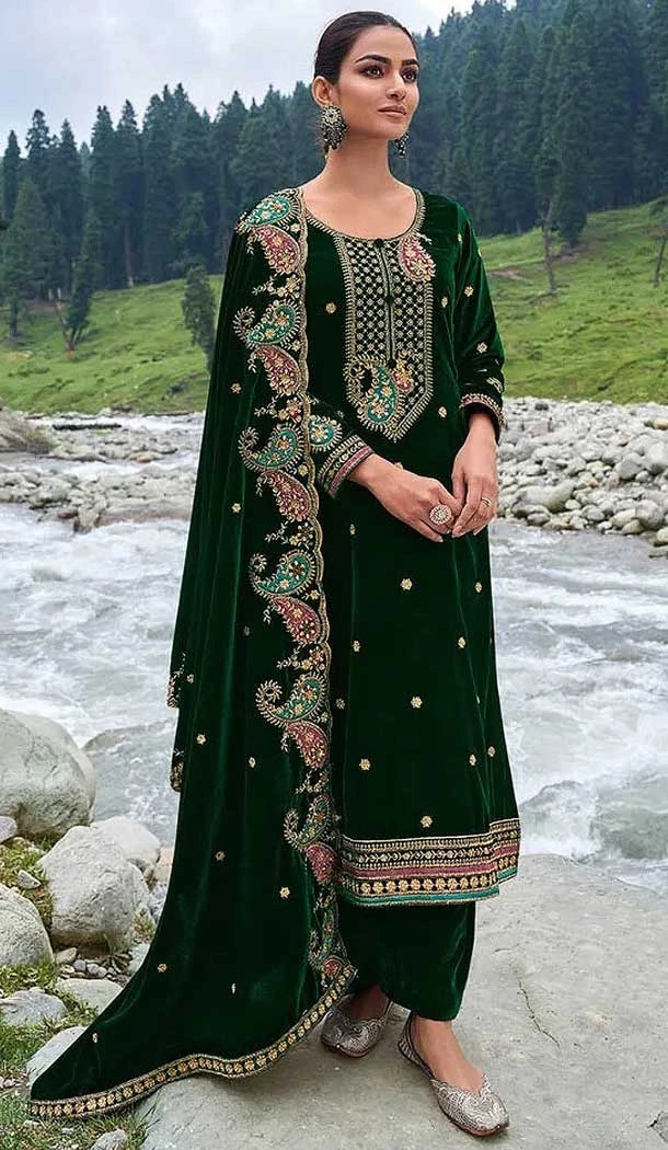 Velvet Embroidery Function Wear Pakistani Palazzo Salwar Suit In Green - 8200181033