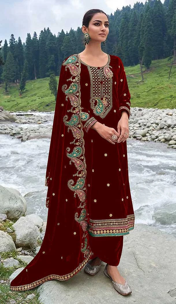 Velvet Embroidery Function Wear Pakistani Palazzo Salwar Suit In Maroon - 8200181034