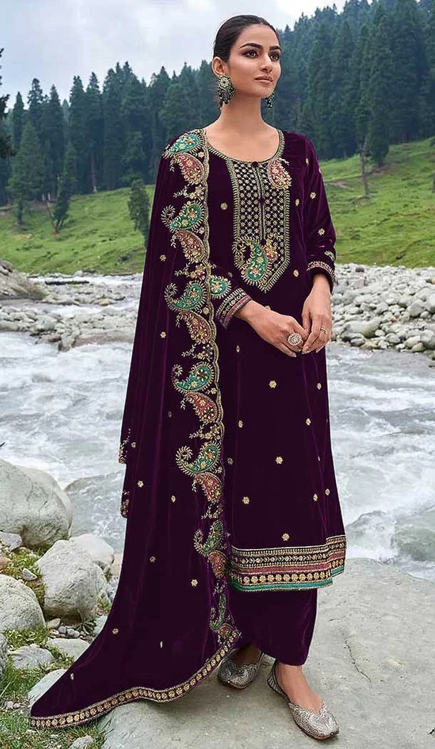 Velvet Embroidery Function Wear Pakistani Palazzo Salwar Suit In Purple - 8200181035