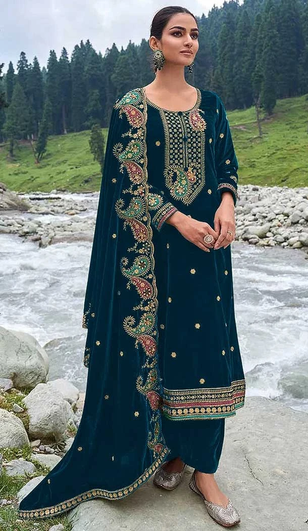 Velvet Embroidery Function Wear Pakistani Palazzo Salwar Suit In Aqua Blue - 8200181036