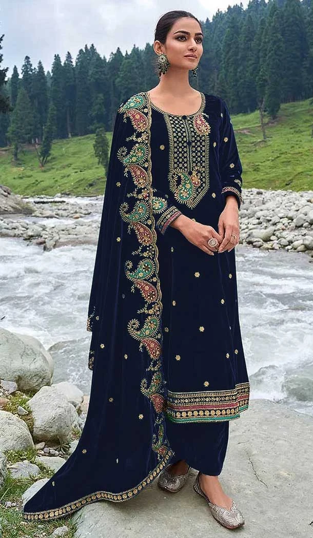 Velvet Embroidery Function Wear Pakistani Palazzo Salwar Suit In Blue - 8200181037