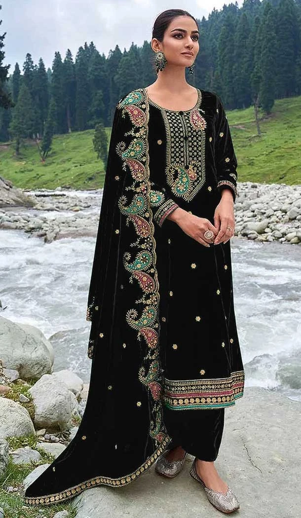 Velvet Embroidery Function Wear Pakistani Palazzo Salwar Suit In Black - 8200181038