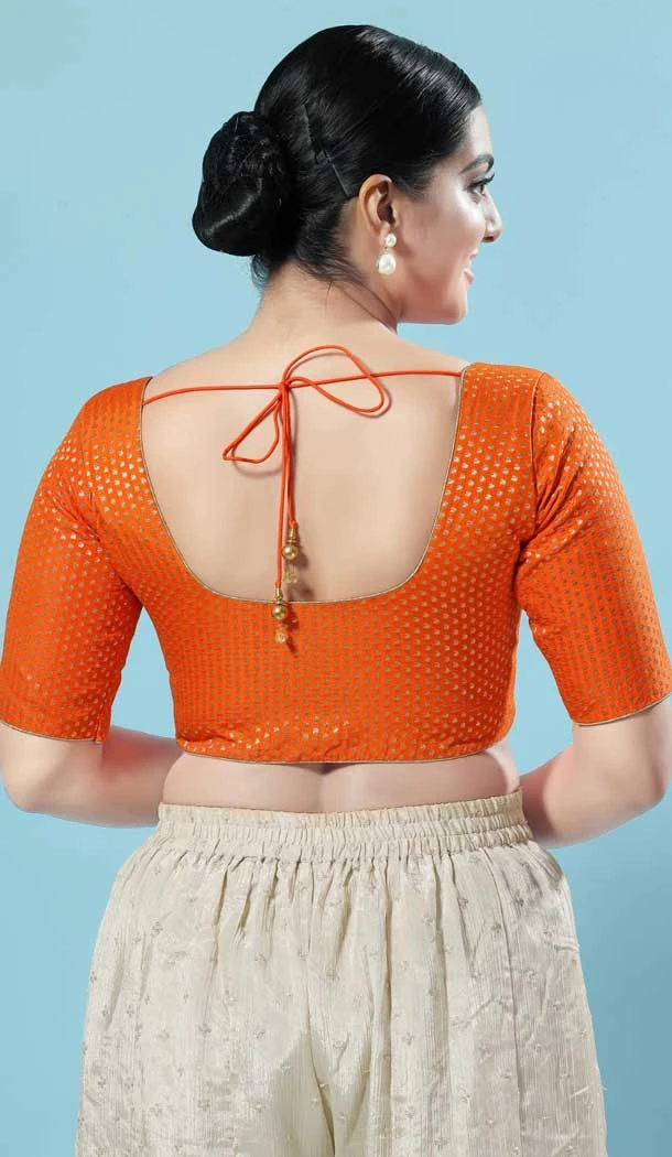 Orange Brocade Woven Work Party Wear Readymade Blouse - 8209181090