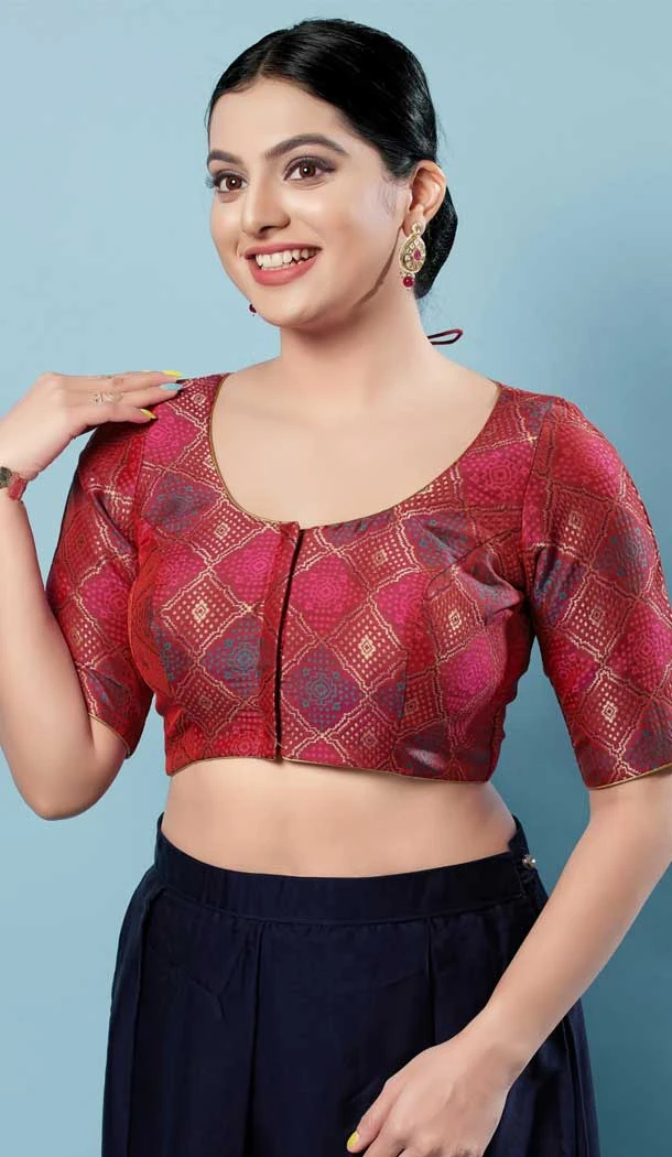 Maroon Brocade Printed Work Party Wear Readymade Blouse - 8209181092