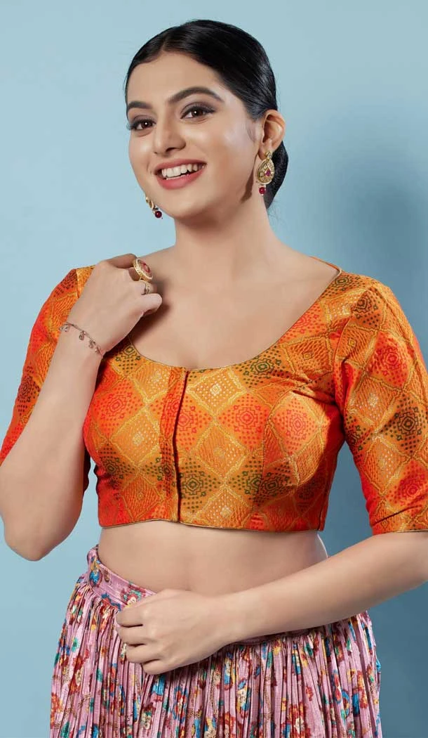 Mustard Brocade Printed Work Party Wear Readymade Blouse - 8209181093
