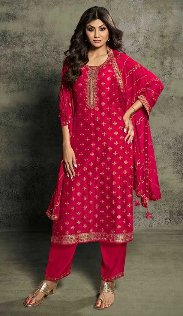Embroidery Work Jacquard Red Designer Festival Wear Salwar Kameez - 8214181110