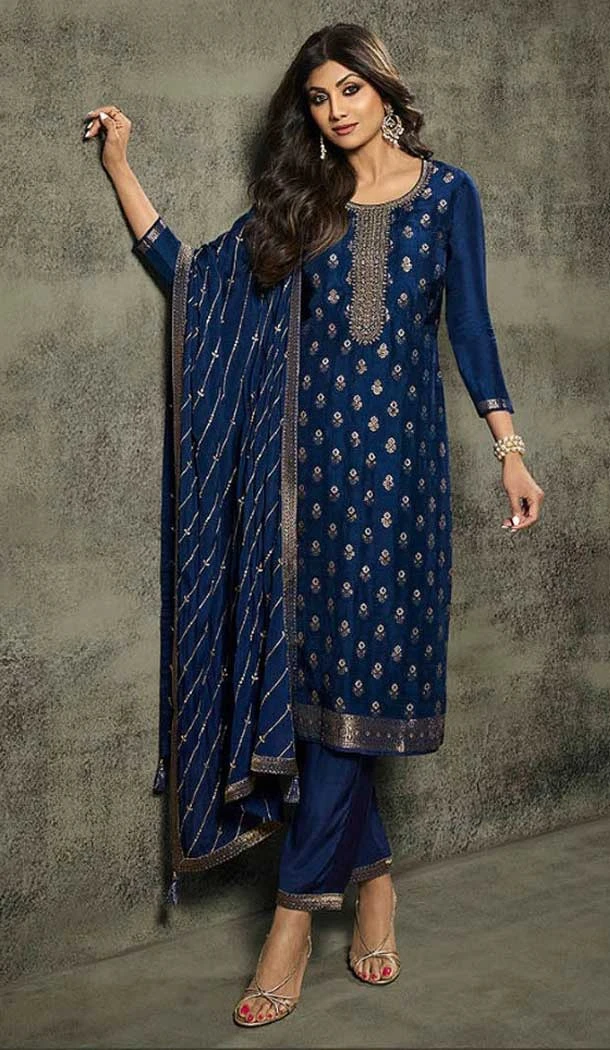 Embroidery Work Jacquard Blue Designer Festival Wear Salwar Kameez - 8214181111