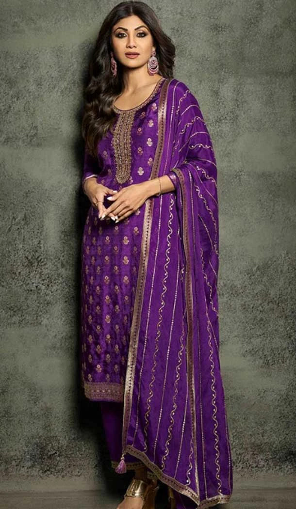 Embroidery Work Jacquard Purple Designer Festival Wear Salwar Kameez - 8214181114
