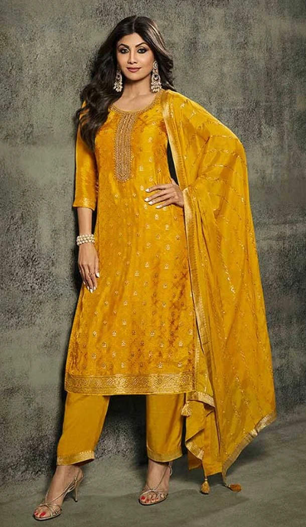 Embroidery Work Jacquard Yellow Designer Festival Wear Salwar Kameez - 8214181115