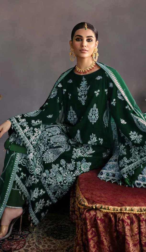 Velvet Embroidered Designer Pakistani Salwar Kameez In Green - 11193199546