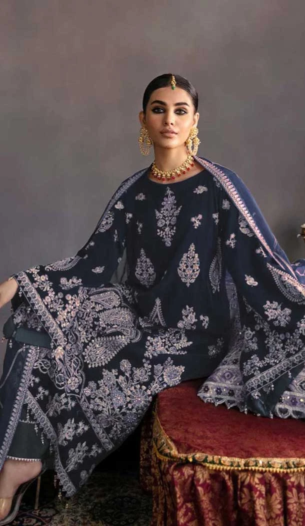 Velvet Embroidered Designer Pakistani Salwar Kameez In Navy Blue - 11193199548
