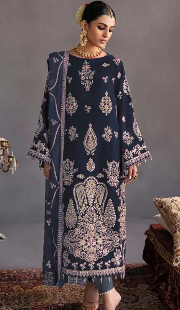 Velvet Embroidered Designer Pakistani Salwar Kameez In Navy Blue - 11193199548