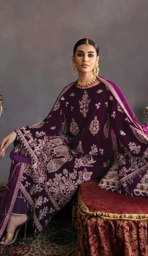 Velvet Embroidered Designer Pakistani Salwar Kameez In Purple - 11193199549