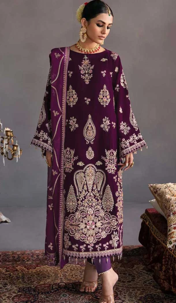 Velvet Embroidered Designer Pakistani Salwar Kameez In Purple - 11193199549