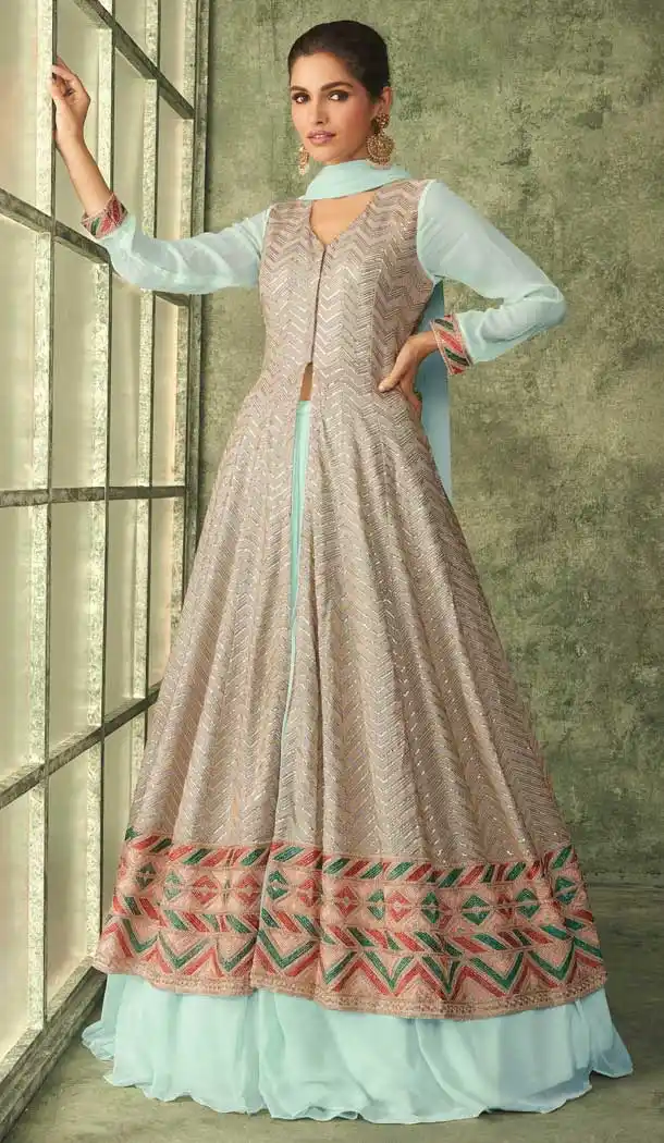 Designer Georgette Embroidery Work Party Wear Anarkali Salwar Suit In Sky - 8215181118
