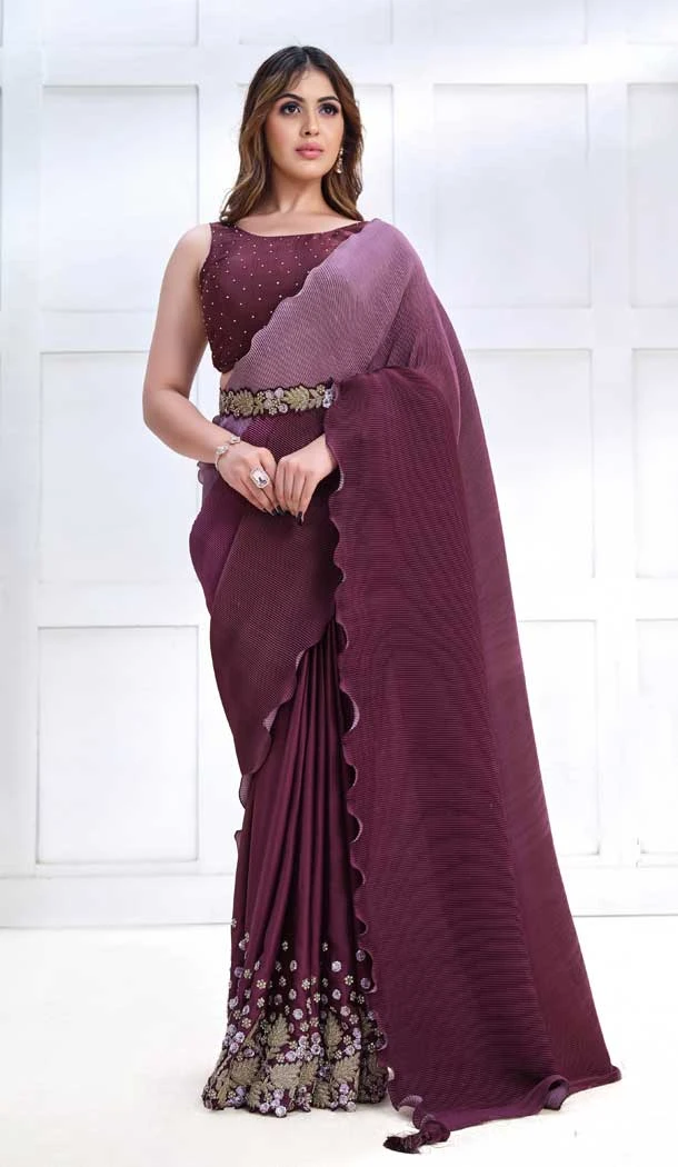 Wine Crepe Satin Silk Embroidery Work Party Wear Designer Saree - 8207181069