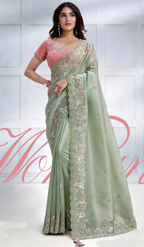 Pista Banarasi Crush Silk Embroidery Work Party Wear Designer Saree - 8207181071