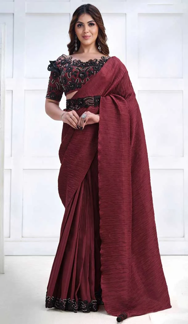 Maroon Crepe Silk Georgette Embroidery Work Party Wear Designer Saree - 8207181072 Maroon Crepe Silk Georgette Embroidery Work Party Wear Designer Saree - 8207181072