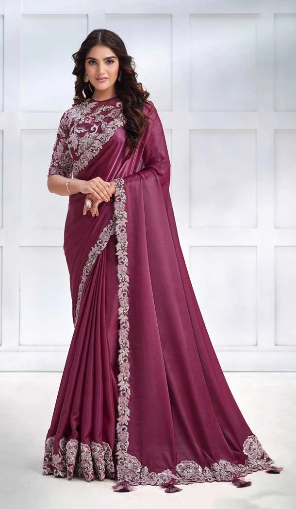 Burgundy Crepe Satin Silk Embroidery Work Party Wear Designer Saree - 8207181075